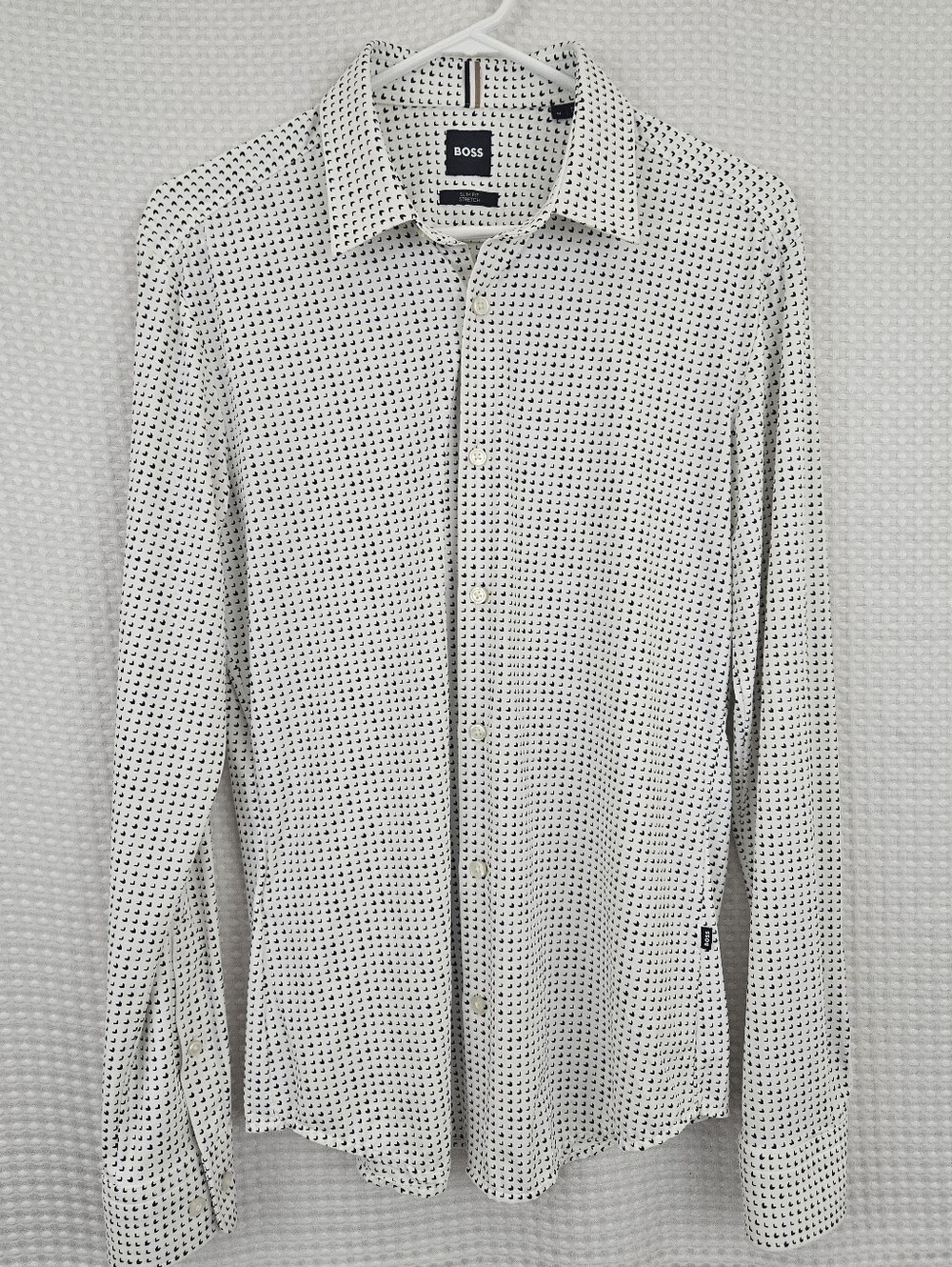 Boss Slim Fit Stretch Button Front Shirt Medium White Black Classic Career Wear